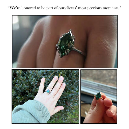 Step-cut marquise moissanite solitaire ring with dark green faceted stone