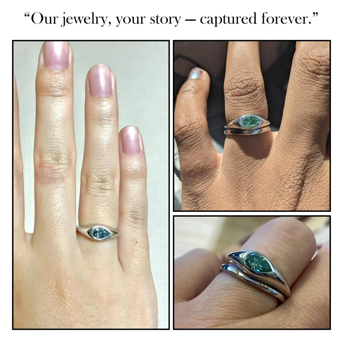 Green pear-cut solitaire ring on hand with slim metallic band