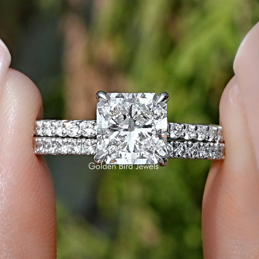 Square Radiant Cut Lab Diamond Bridal Ring  Held between fingers 