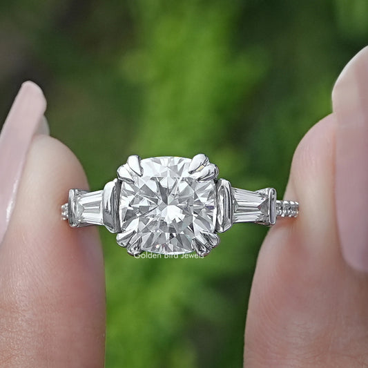Silver three-stone cushion moissanite engagement ring with baguette side stones
