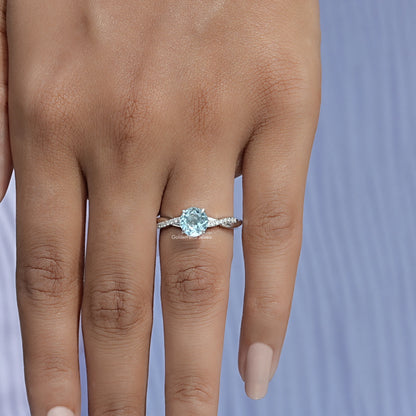 Close-Up View of Blue Aquamarine Round Cut Gemstone Ring In White Gold 