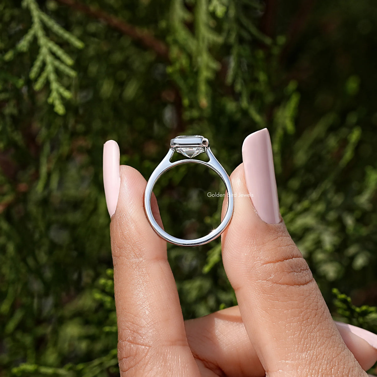 Sterling silver asscher-cut moissanite bezel-set engagement ring, top view