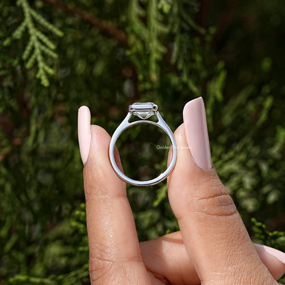 Sterling silver asscher-cut moissanite bezel-set engagement ring, top view