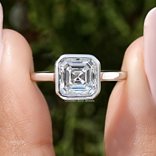 Sterling silver asscher-cut moissanite bezel-set engagement ring, front close-up
