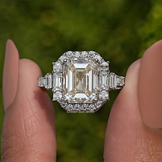 Asscher-cut moissanite halo engagement ring close-up, sterling silver with halo and baguettes
