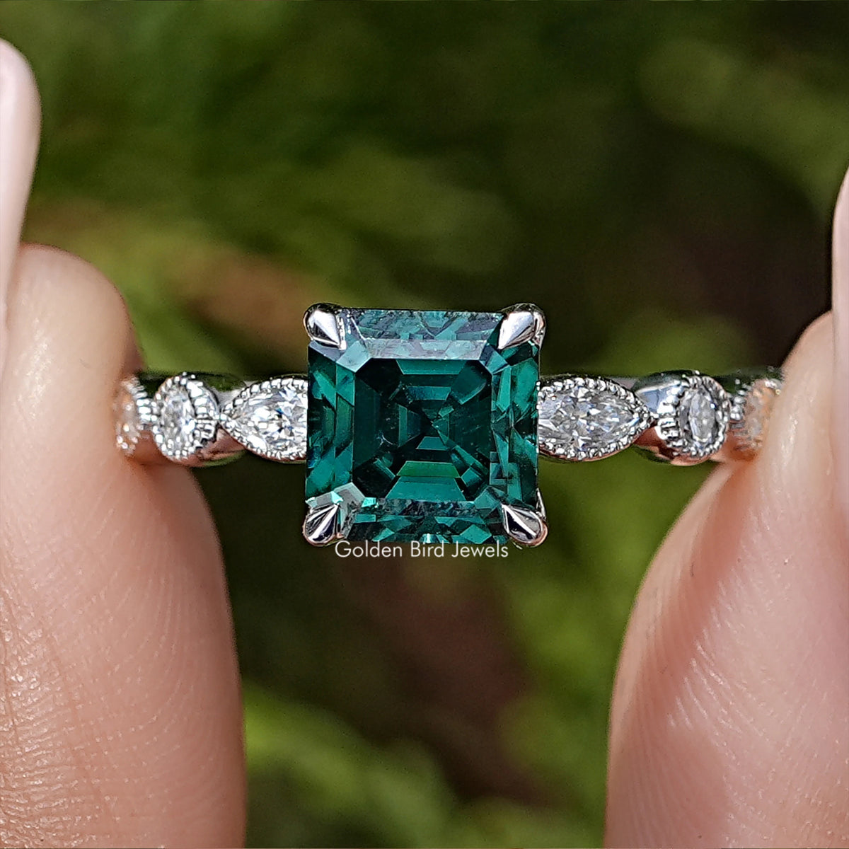 Green Asscher-cut moissanite engagement ring, silver band with halo and side stones