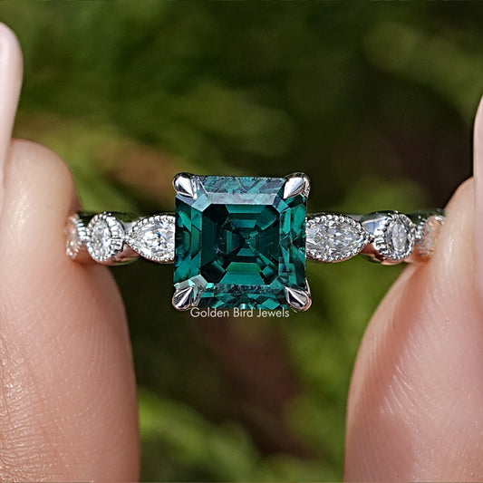 Green Asscher-cut moissanite engagement ring, silver band with halo and side stones