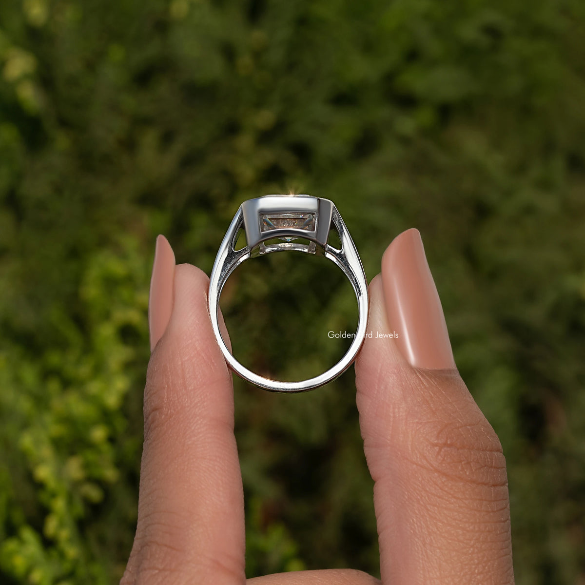 925 sterling silver solitaire ring, view of bezel-set Asscher-cut moissanite