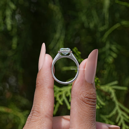 Asscher cut moissanite halo wedding ring with square center moissanite, held up