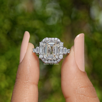 Asscher-cut moissanite halo engagement ring, sterling silver with baguette side stones