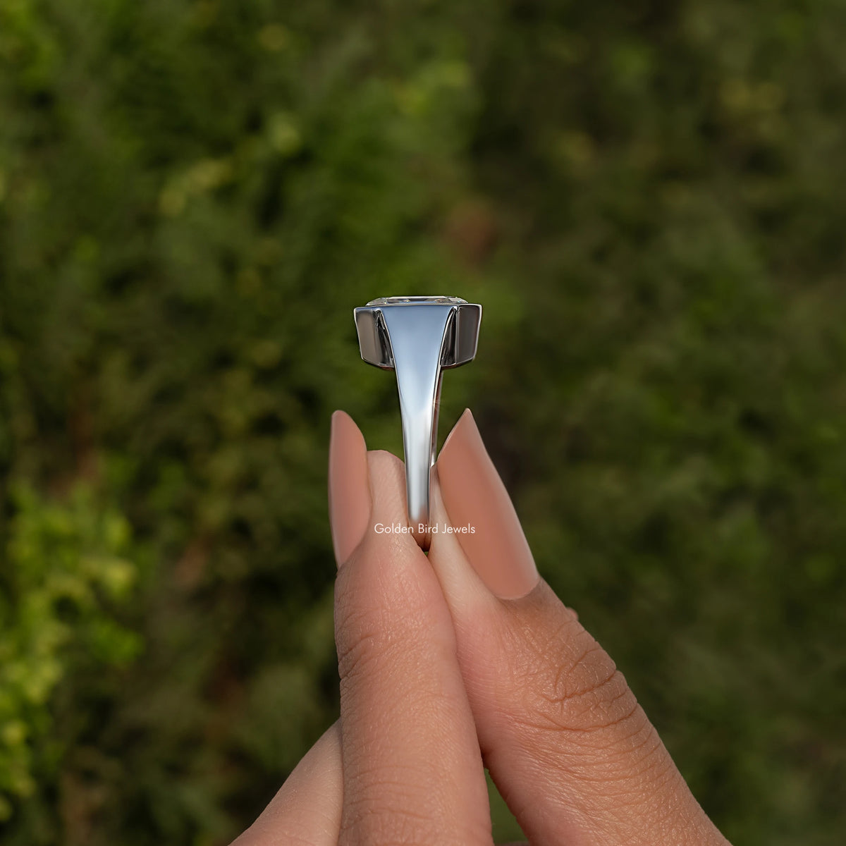 925 sterling silver solitaire ring with Asscher-cut moissanite bezel setting, side view