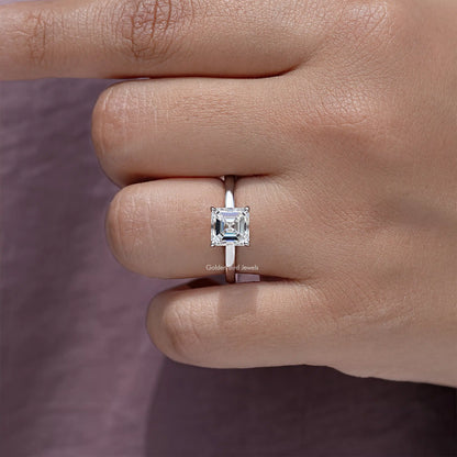 Asscher-cut moissanite solitaire ring in 925 sterling silver, square center on prongs