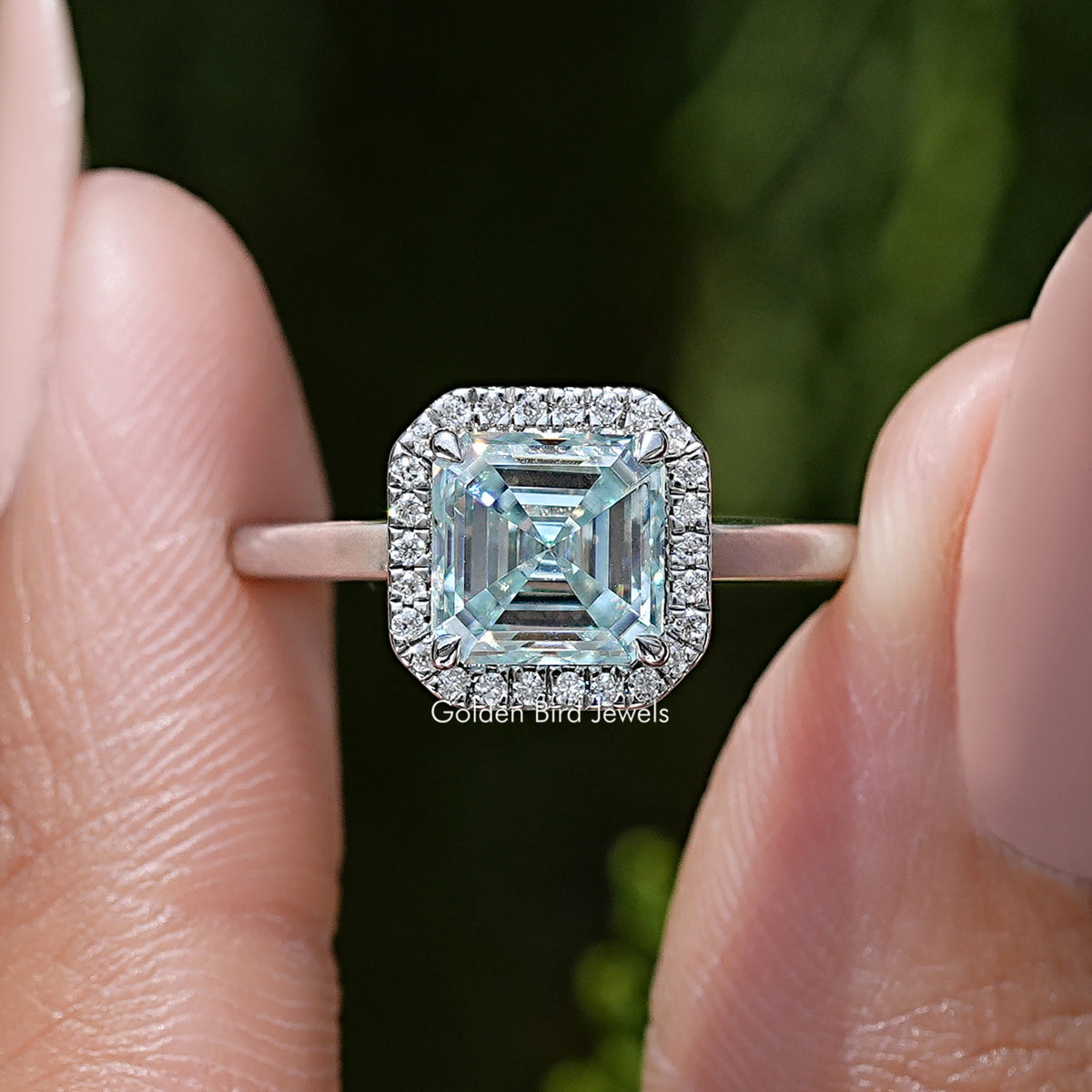 Asscher cut moissanite halo wedding ring, square center moissanite with halo