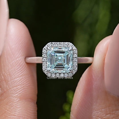 Asscher cut moissanite halo wedding ring, square center moissanite with halo