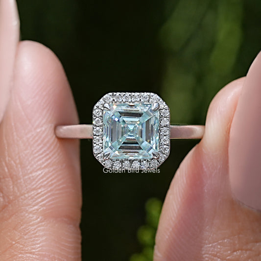 Asscher cut moissanite halo wedding ring, square center moissanite with halo