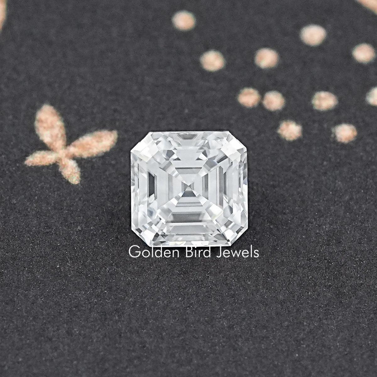Asscher-cut clear moissanite loose gemstone, step facets and polished edges