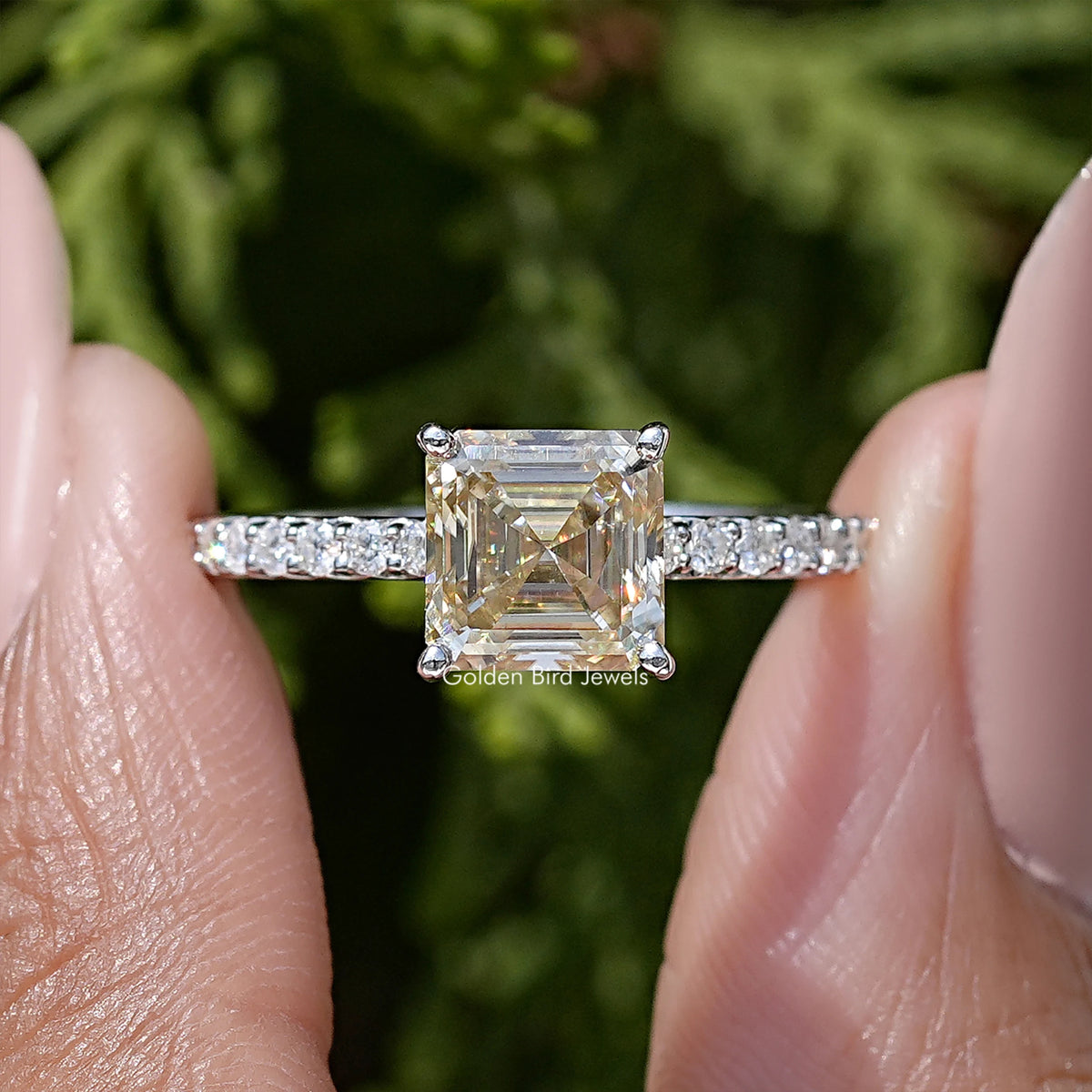 Sterling silver ring with yellow asscher-cut moissanite and pave accents