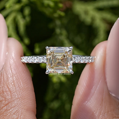 Sterling silver ring with yellow asscher-cut moissanite and pave accents