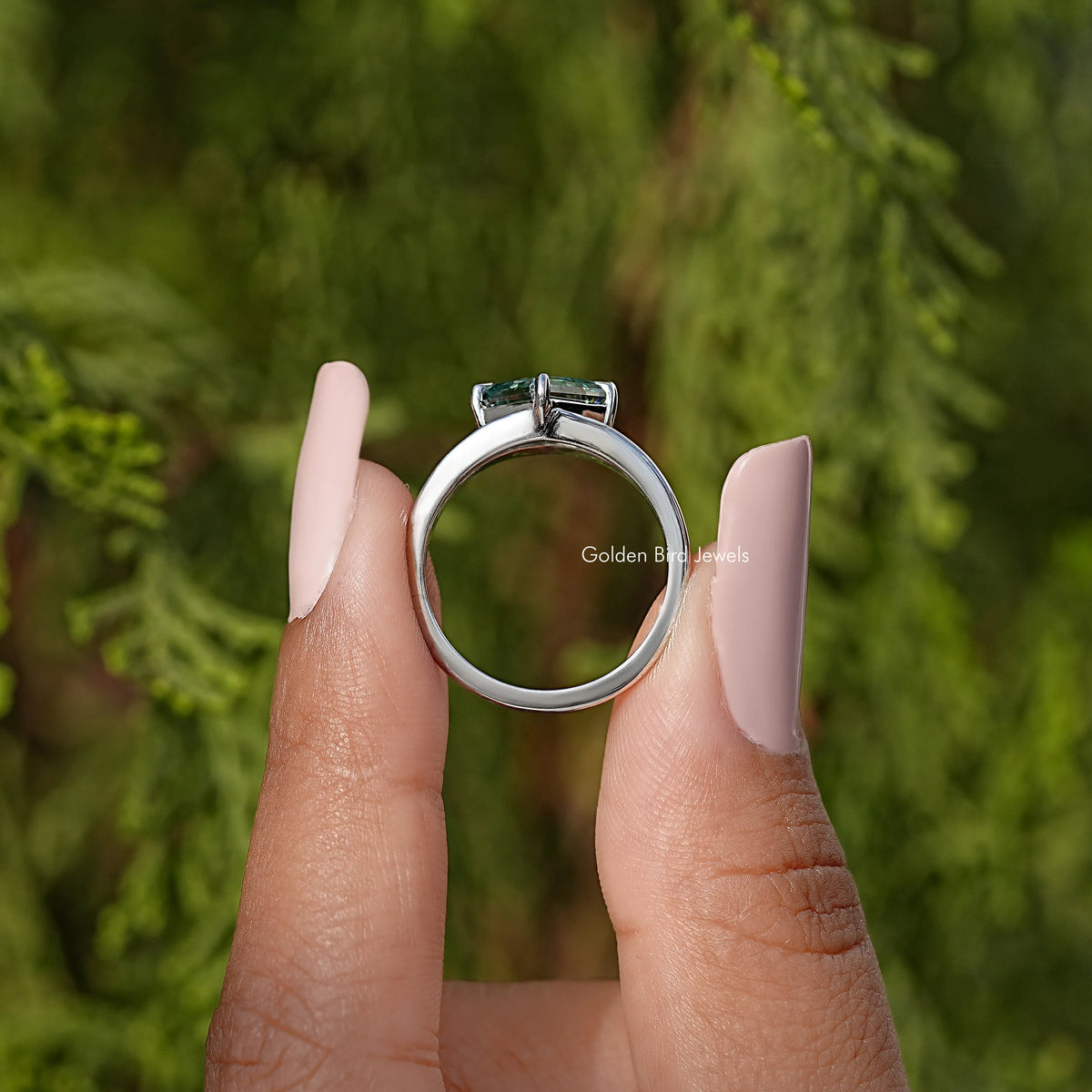 Asscher cut moissanite ring in sterling silver, split shank with teal center stone
