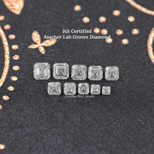 Asscher-cut loose lab-grown diamonds, two rows of square stones with step facets