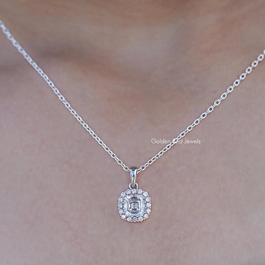 Close up view of Square Old Mine Cushion Lab Diamond Halo Pendant