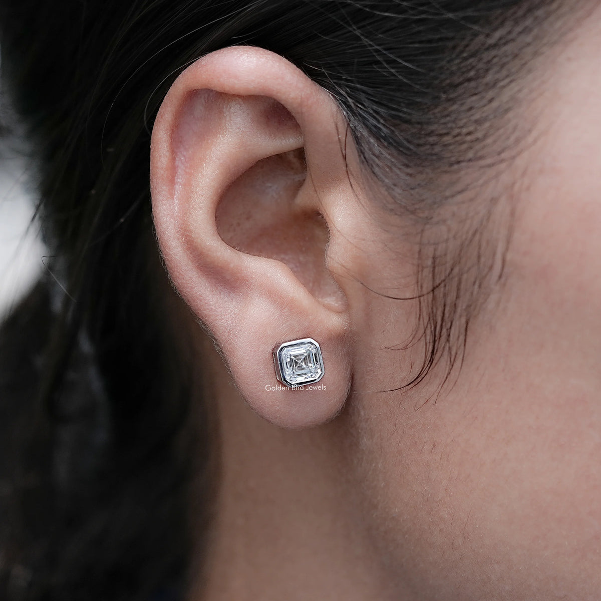 In Ear View of Asscher Cut Lab Diamond Stud Earrings