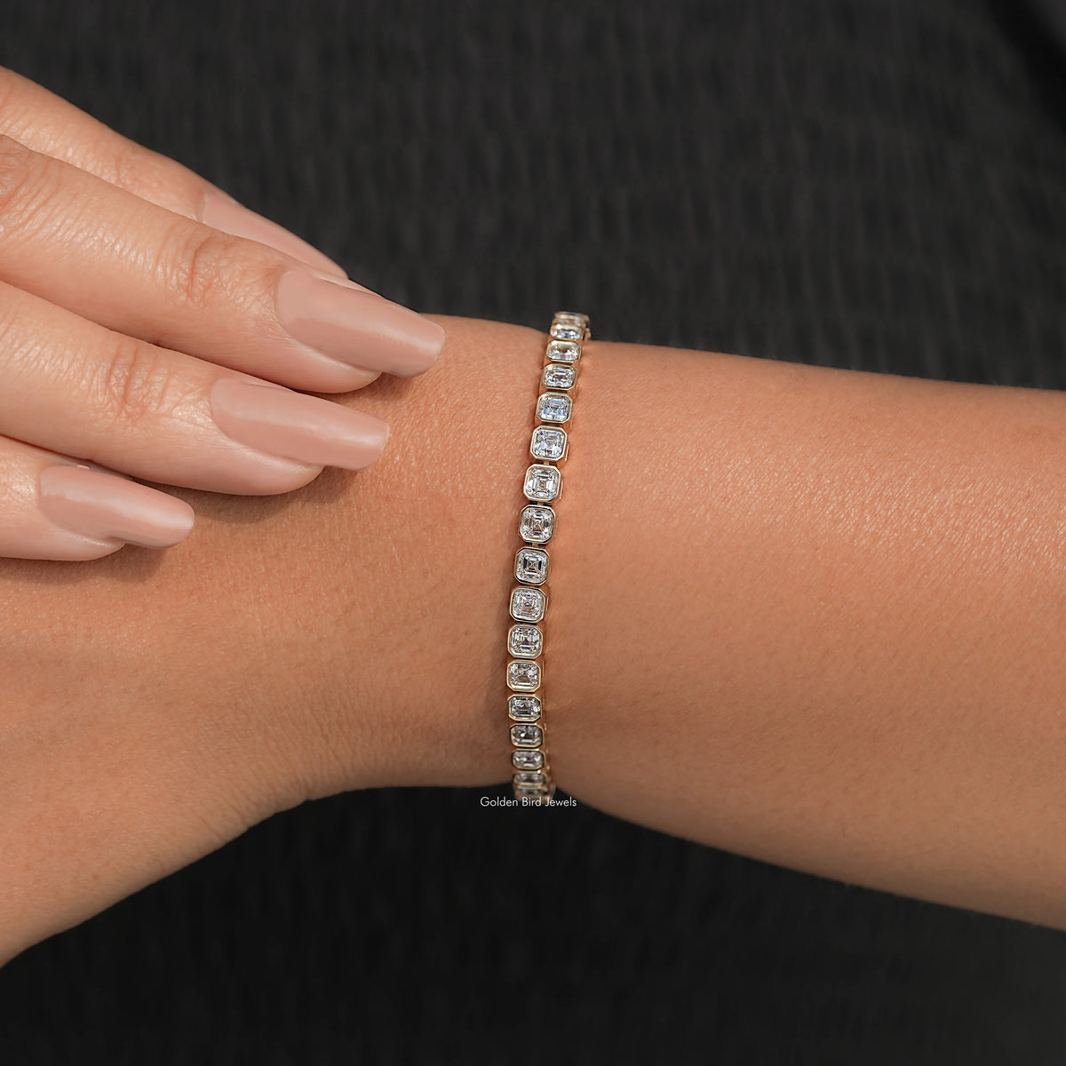 Top View Of Bezel Set Asscher Diamond Tennis Bracelet
