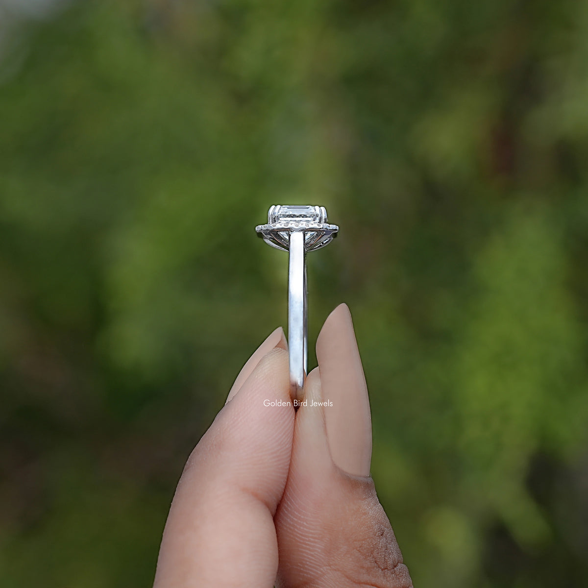 Side View Of Asscher Lab Diamond Halo Engagement Ring
