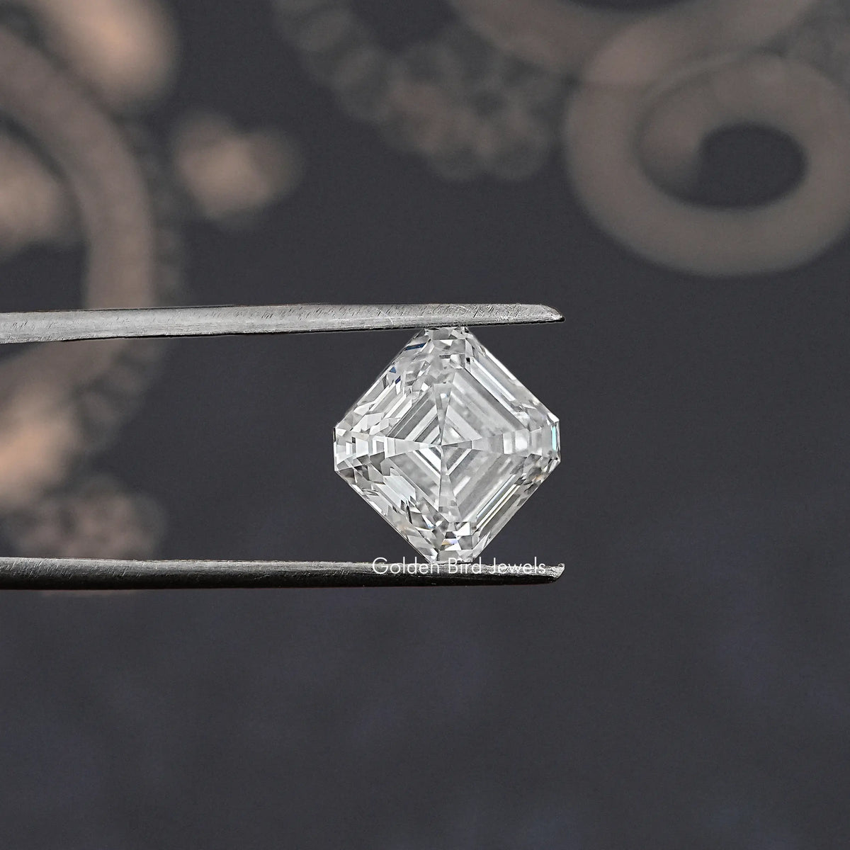 Asscher-cut loose lab-grown diamond, single stone angled view with step facets