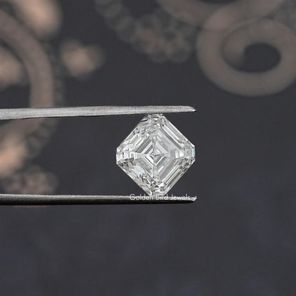Asscher-cut loose lab-grown diamond, single stone angled view with step facets