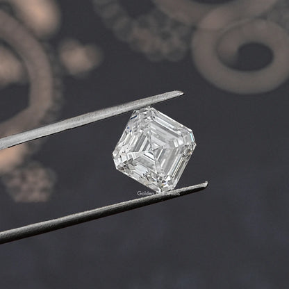 Asscher-cut loose lab-grown diamond, single stone held between tweezers, angled