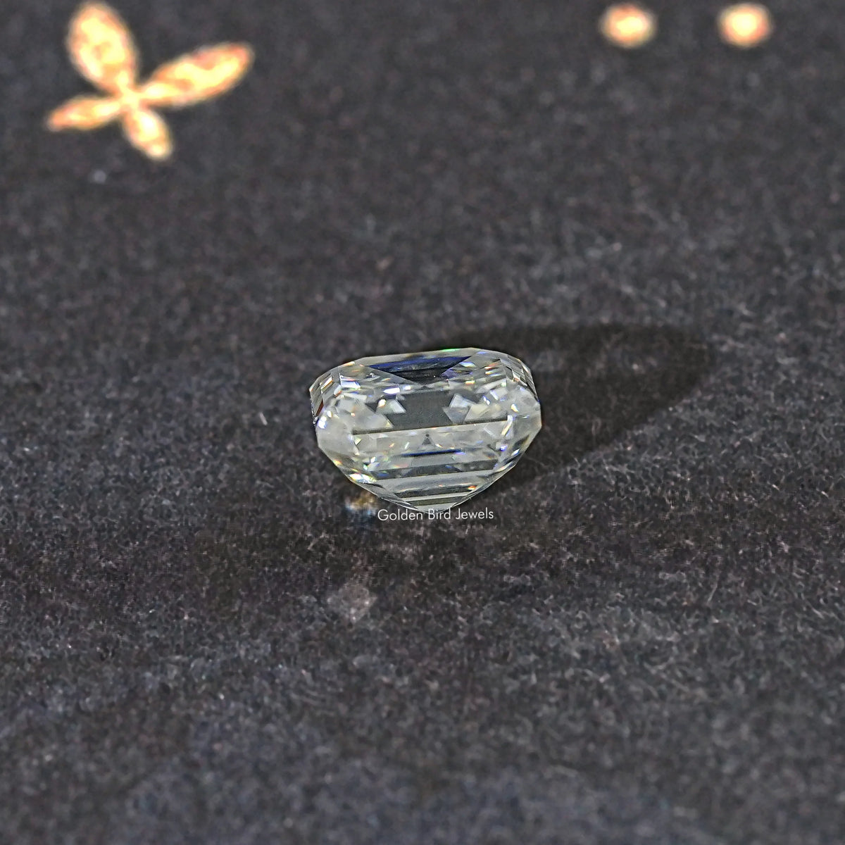 Asscher-cut moissanite loose stone, clear off-white, elongated step facets