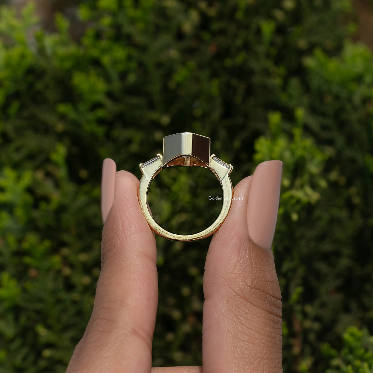 925 sterling silver three-stone ring, back view with prong setting