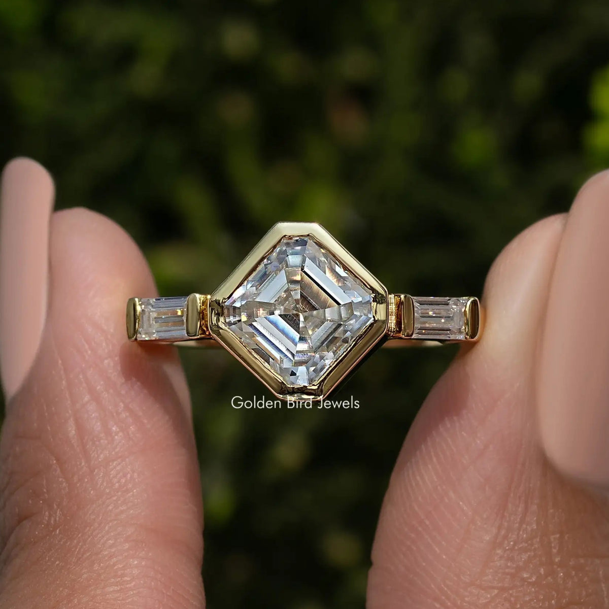 Asscher-cut moissanite three-stone ring in 925 sterling silver, baguette side stones