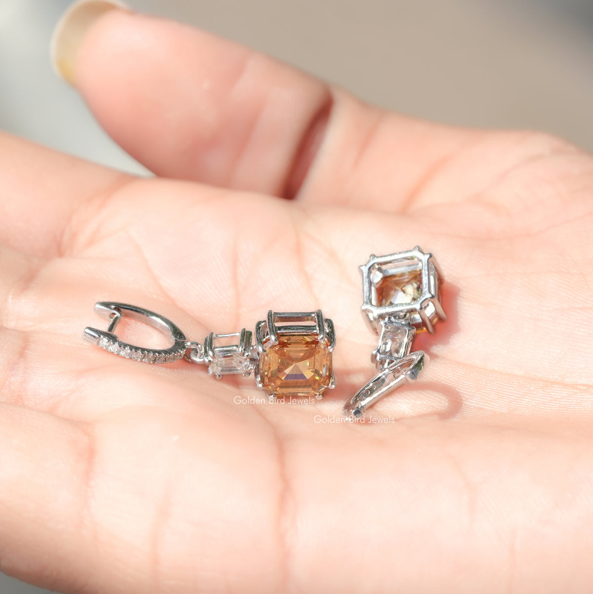 [Back view of asscher cut dangle drop earrings made of emerald cut stones]-[Golden Bird Jewels]