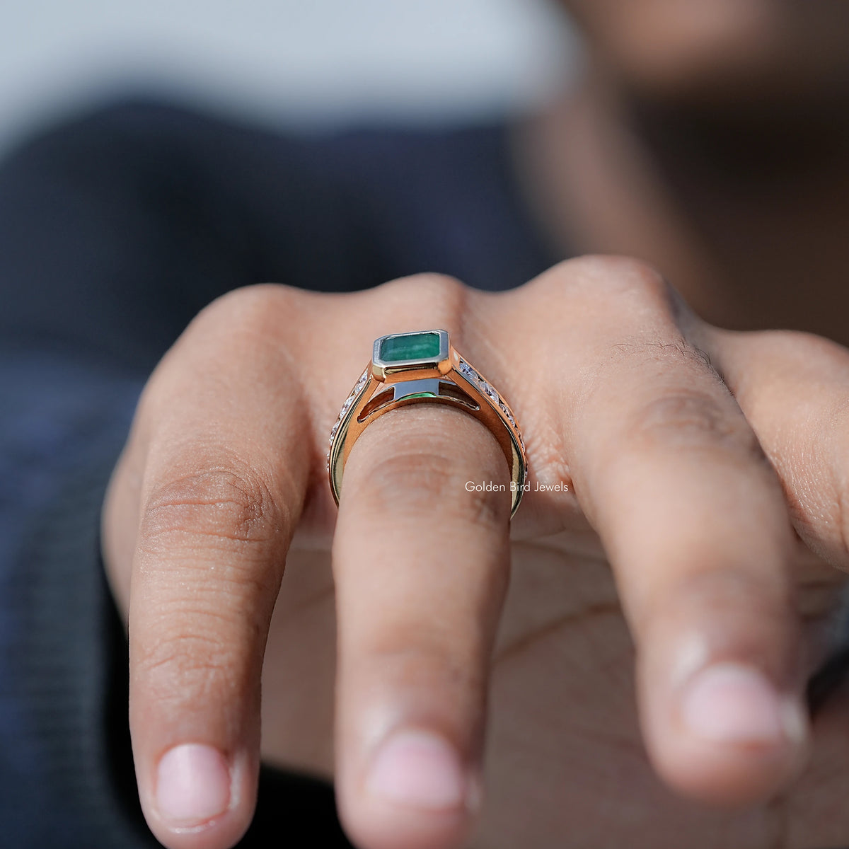 In finger front view of Bezel Cut Moissanite Solitaire Ring in unique shape