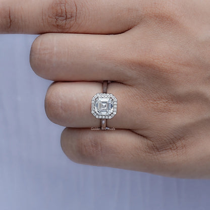 Close View Of Asscher Lab Diamond Halo Engagement Ring	
