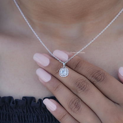 Display View of Old Mine Cushion Halo Pendant with Square Lab Diamond