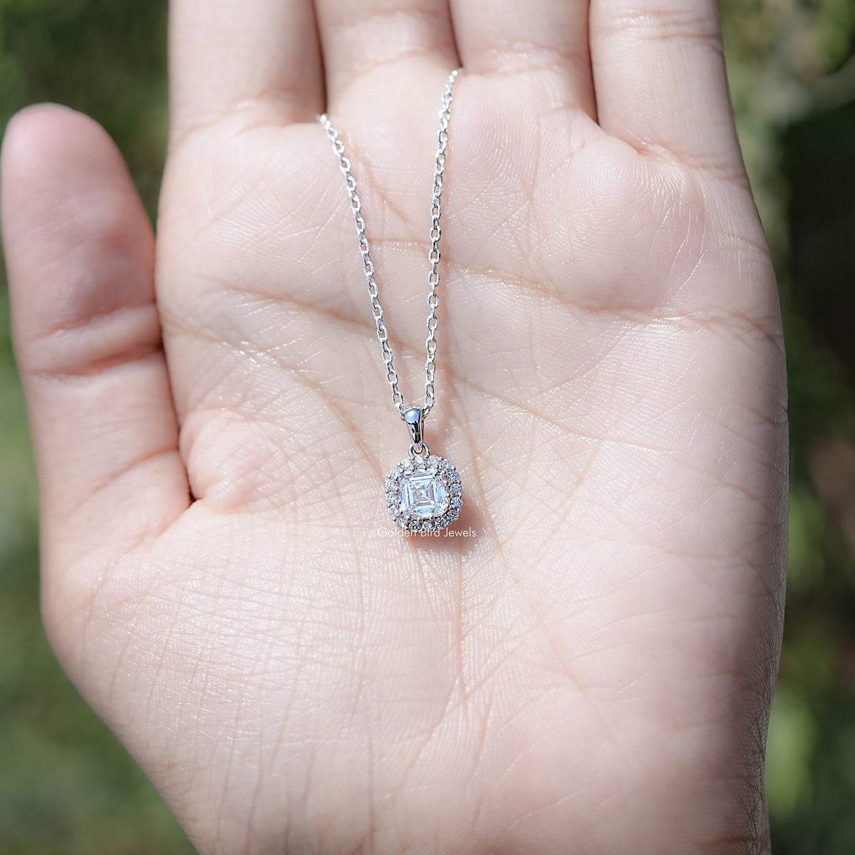 In Hand Showing of Cushion Cut Square Lab Diamond Halo Necklace