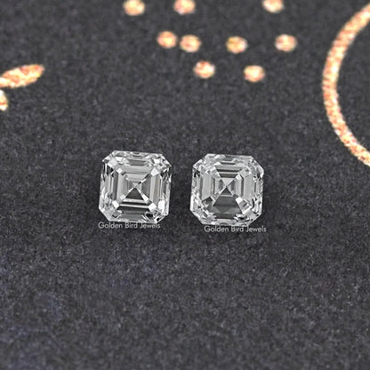 Asscher-cut lab-grown diamond stud pair with square step-cut stones, front view
