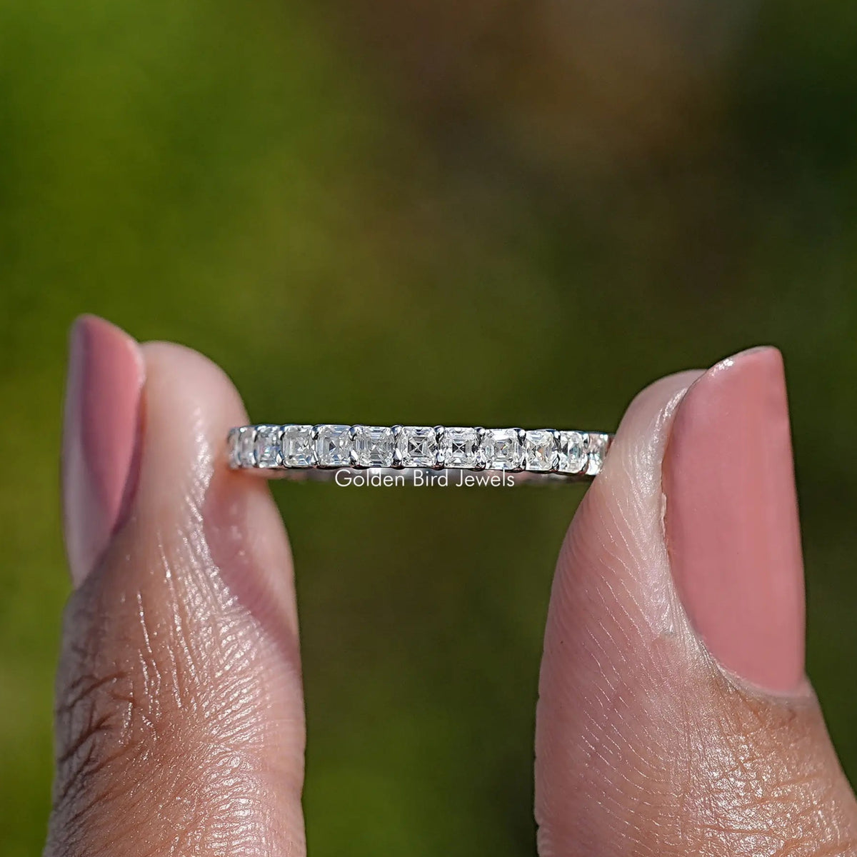 18K white gold full eternity wedding band with square-cut stones, straight-on view