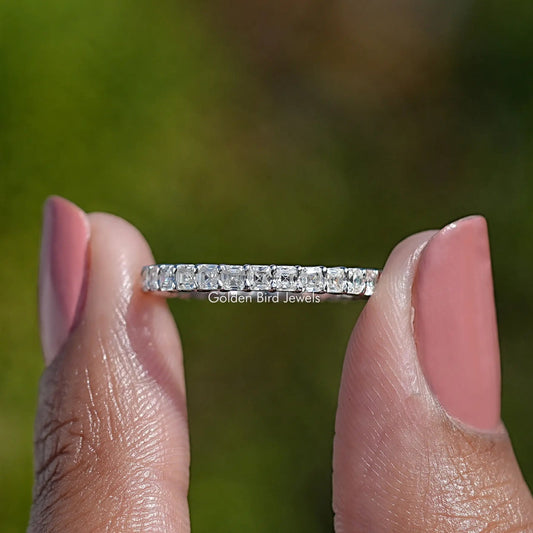 18K white gold full eternity wedding band with square-cut stones, straight-on view