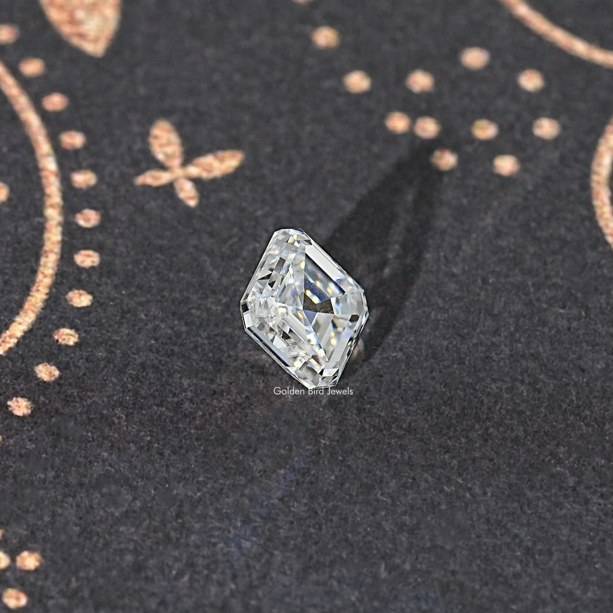 Asscher-cut colorless moissanite loose stone, square step facets close-up