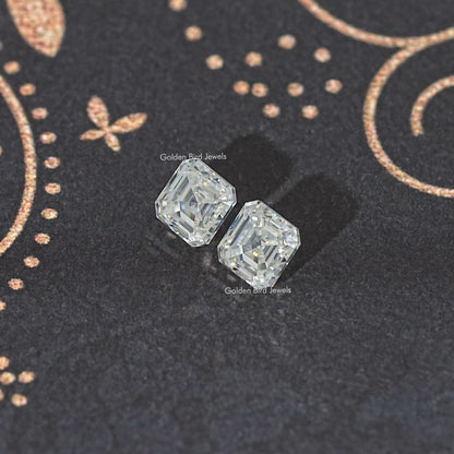Loose matching Asscher-cut moissanite stones, two clear stones, matching pair