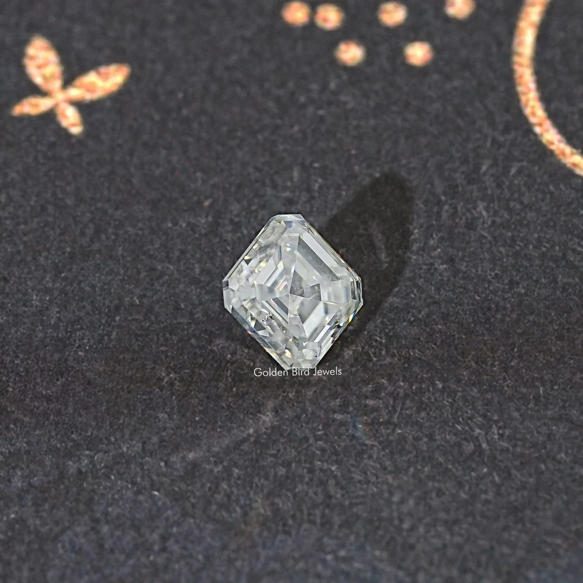 Asscher-cut moissanite loose stone, light off-white, square step facets