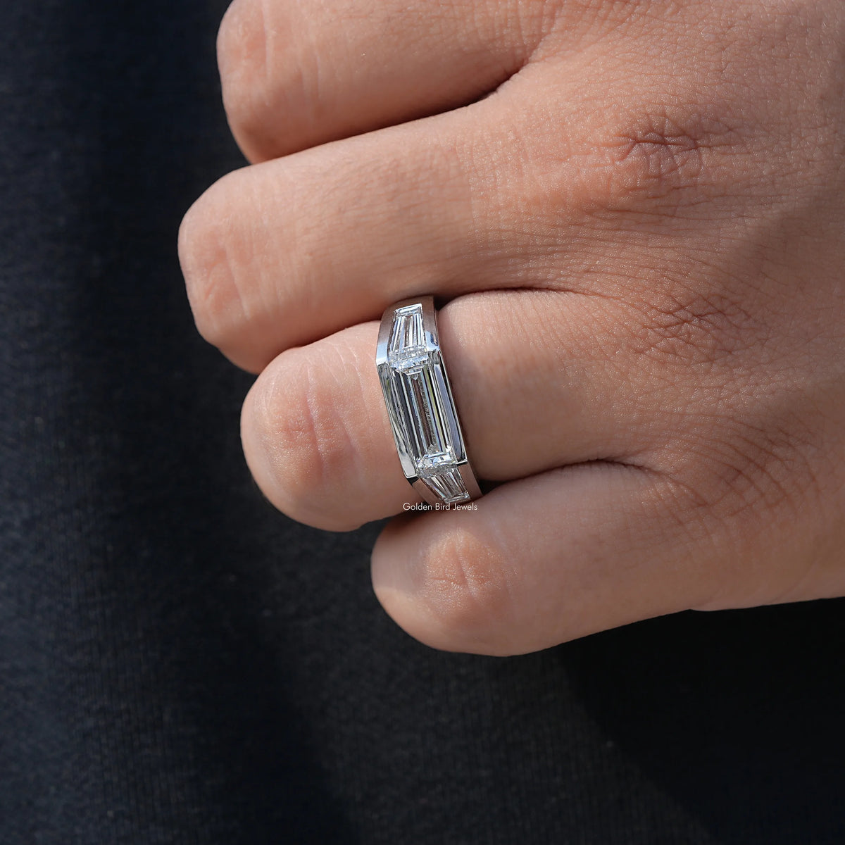 View of Baguette Cut Lab Diamond Men's Ring In White Gold