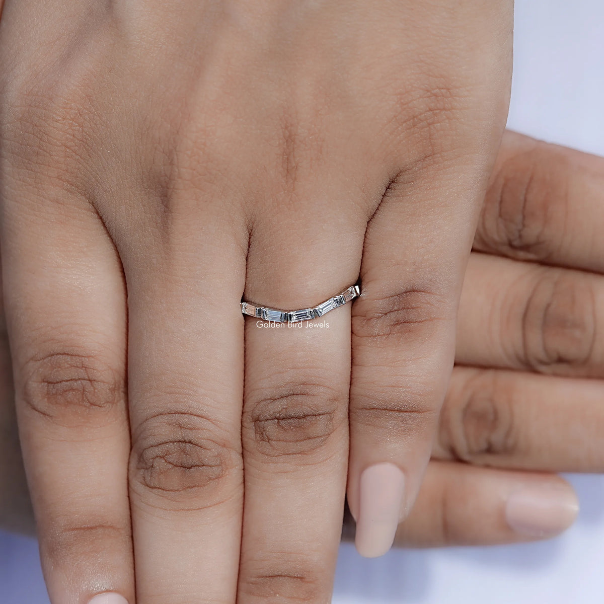 Close up view of Marquise and Round Lab Diamond Stackable Ring