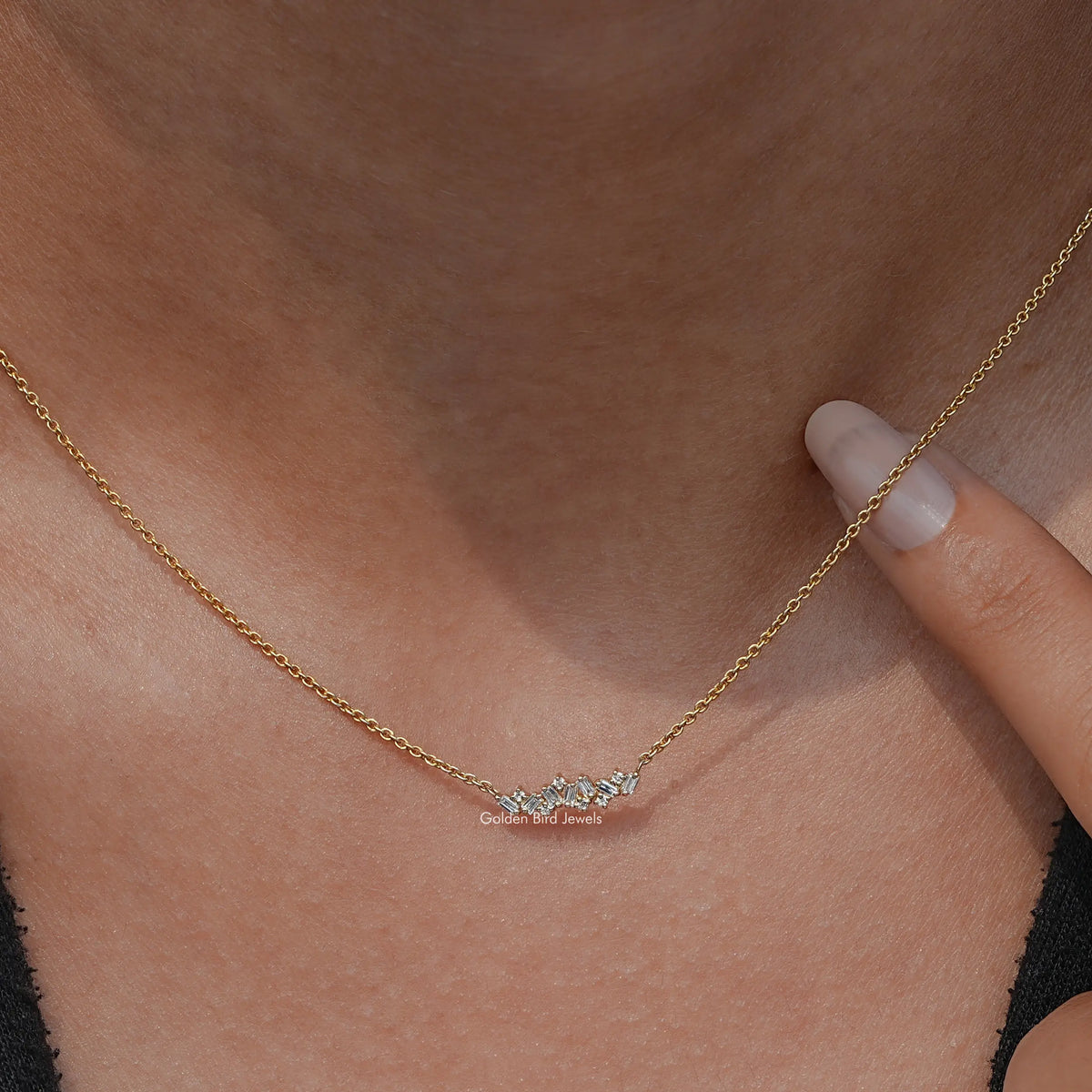 View of Baguette Cut Diamond Cluster Pendant In Yellow Gold