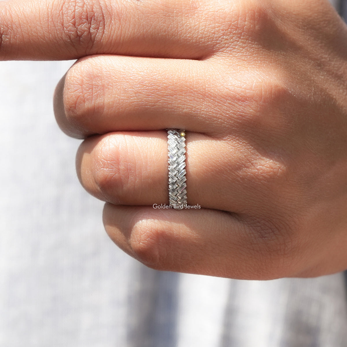 Detailed View Of Baguette Cut Moissanite Wedding Ring In White Gold