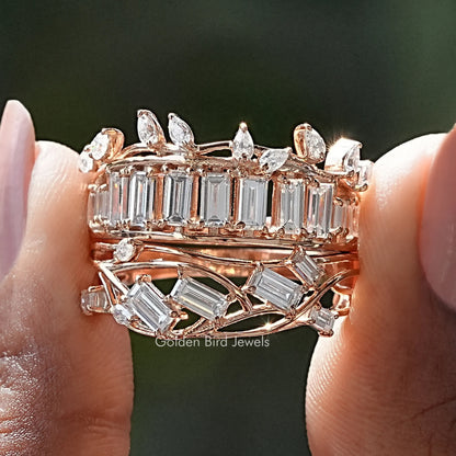 Front view of Baguette Cut Moissanite Bridal Ring Set in two fingers
